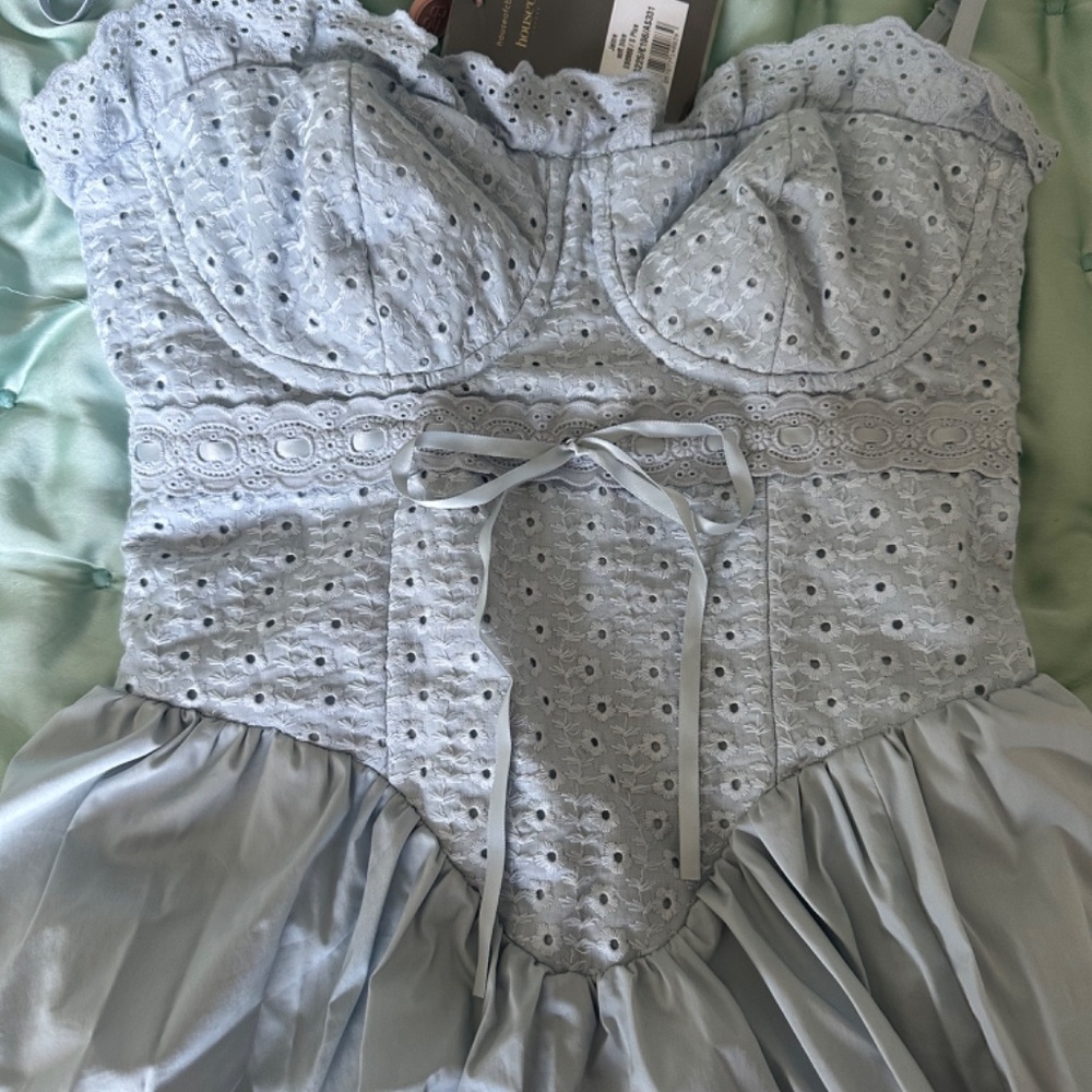 House of CB Jamie Small Plus Cup Light Blue Eyelet Midi Dress with Waist Tie - Picture 4 of 9